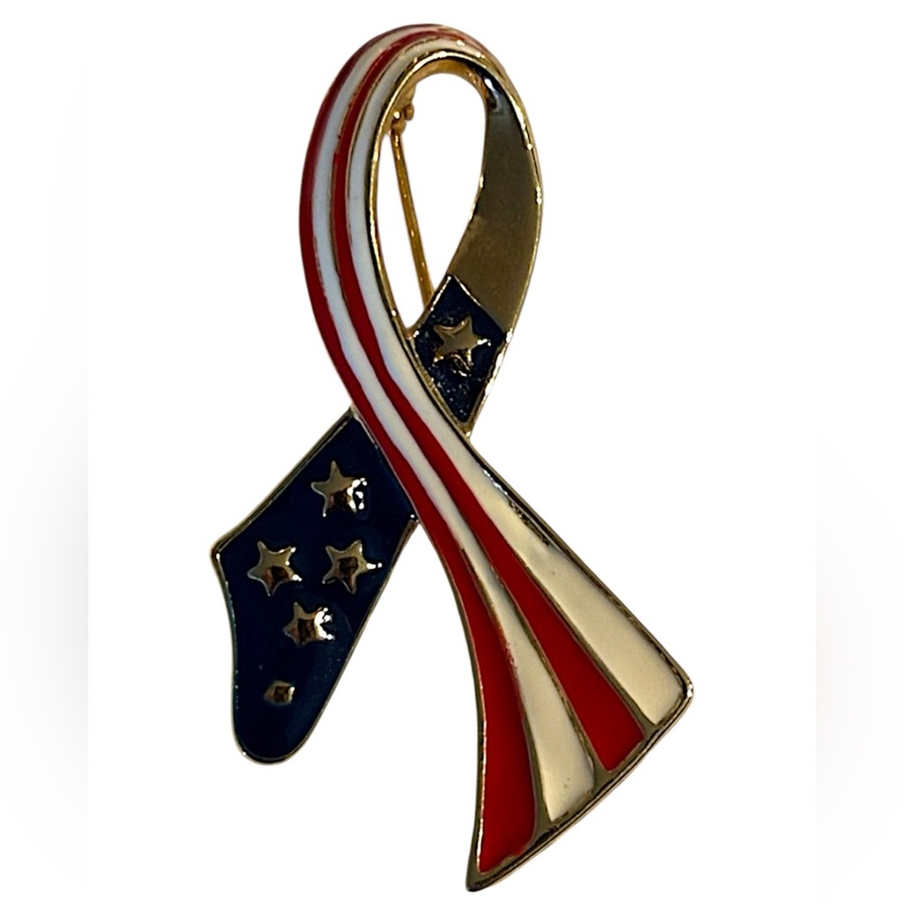 Darlene Pin Brooch Signed American Flag Enamel Ribbon